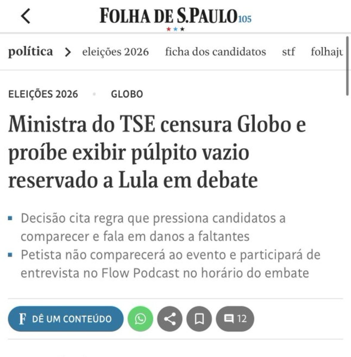 Mrmuriloking's tweet photo. @SamPancher Até a folha chamou de censura o que TSE fez, uma vergonha https://t.co/tWTdnTu6KW