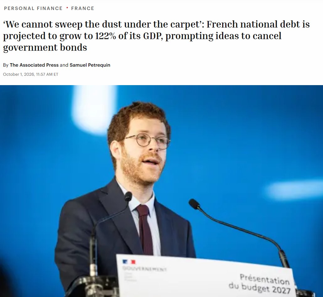 WallStreetMav's tweet photo. France is nearing a financial crisis. It's debt to GDP is now at 122%.

France has launched budget cuts, which are enraging the radical left protesters and migrants into burning schools and attacking teachers.

France’s debt pile is smaller than Greece’s, which was 143.5% of GDP, and Italy’s (138.9%). It’s also lower than the U.S.’s 122.6%. France, however, lacks the U.S. advantage of having the world’s reserve currency, which supports Washington’s ability to borrow.