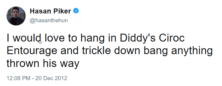 LibcelPatriot's tweet photo. @n1t3w0rk @magi_jay @TheOmniLiberal Misleading? He's been to not one, but TWO Diddy parties! Even went to a 2nd one after seeing CP on a screen during the 1st one! Said he'd like to trickle down bang any thing from Diddy's Ciroc Entourage!!! Broke up with a GF because she was going to one after that, hm wonder why! https://t.co/eik6fTjmxi