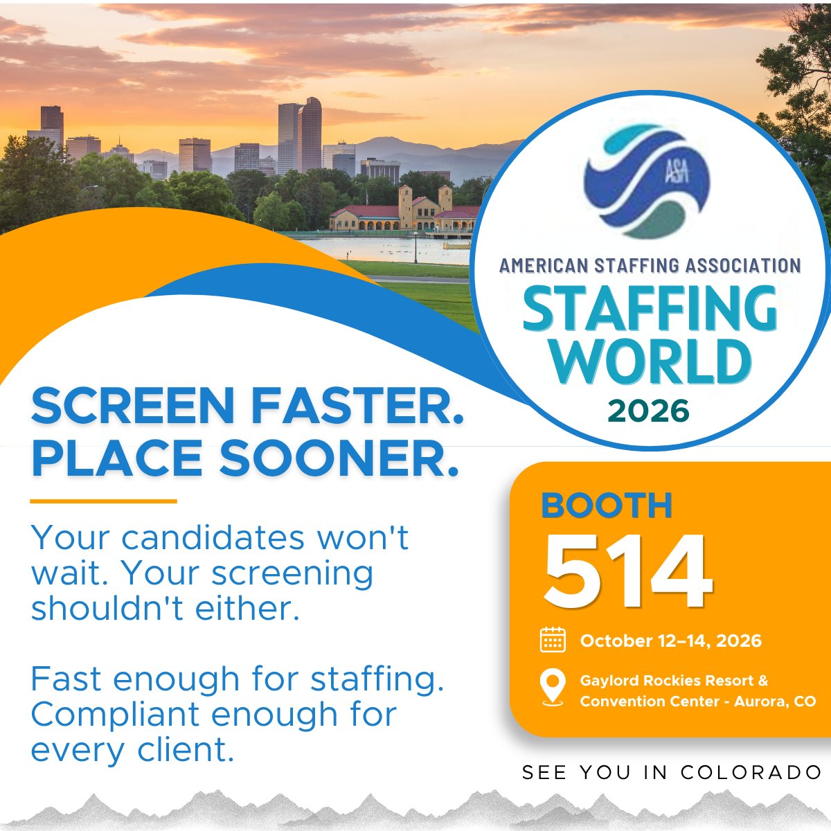 AccuSourceInc's tweet photo. How many placements did you lose last month waiting on a background check?
Keep placements on track, all within your ATS.

Visit AccuSourceHR at Booth 514 at #StaffingWorld, Oct 12–14 at Gaylord Rockies. 🔍

#ASAStaffingWorld #BackgroundScreening #StaffingIndustry #AccuSourceHR https://t.co/L6VBPlwrpv