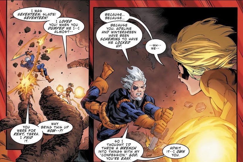 lezbannes's tweet photo. @Genghistwelve I’m not “ficcing it in”, I’m going off of books that were written later (and not by misogynist rape apologists). Fun of you to post Deathstroke 2016 when the whole point of that story is that Deathstroke was responsible for a lot of what Tara was as a character. https://t.co/ozGPwrOuCf