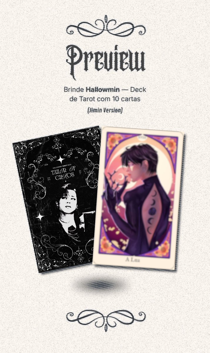info_jimin's tweet photo. 🔮 O grande dia está chegando e a magia vai acontecer! 

Preparem-se para o nosso evento especial de Halloween, o HALLOWMIN, que está recheado de surpresas incríveis.

Para abrir os trabalhos, apresentamos o nosso brinde exclusivo: um Deck de Tarot de 10 cartas! 

⚠️ Atenção: Essa é a chance de garantir o seu. Fiquem de olho no nosso cronograma do Hallowmin para não perderem nenhuma informação sobre como conseguir esse ingresso.

Marquem os amigos nos comentários e vamos celebrar o Halloween em grande estilo! 👇