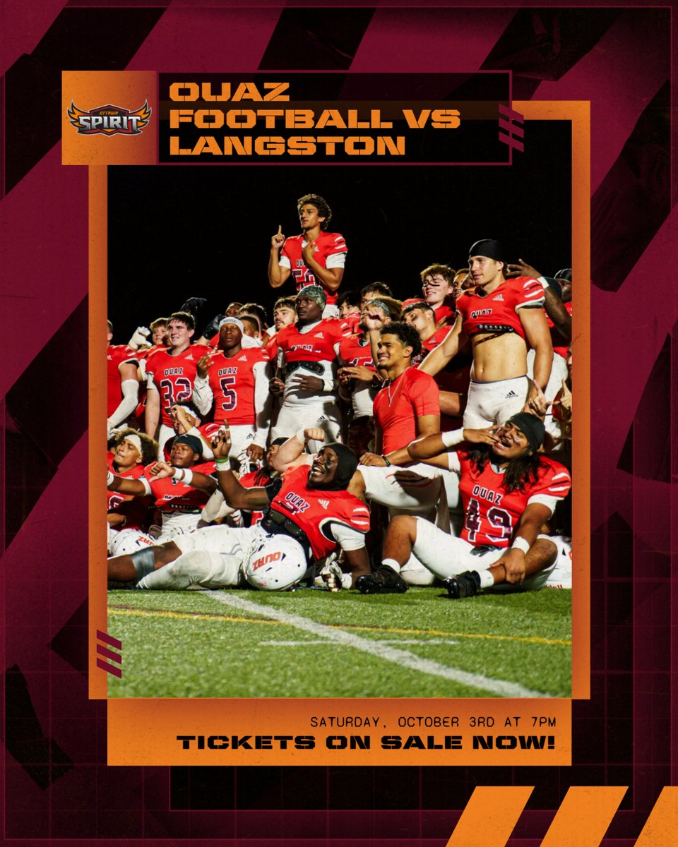 OUAZSpirit's tweet photo. 🚨 SPIRIT FANS! 🚨

@OUAZFootball is back under the lights this Saturday as they take on Langston in another @Sooner_Athletic showdown!

🏈 Kickoff: 7 PM 📍 Spirit Field

Bring the energy! Bring the noise! Defend the Spirit Field!

🎟️ Tickets are on sale now!

#WeAreOUAZ https://t.co/bKB69eyhfb