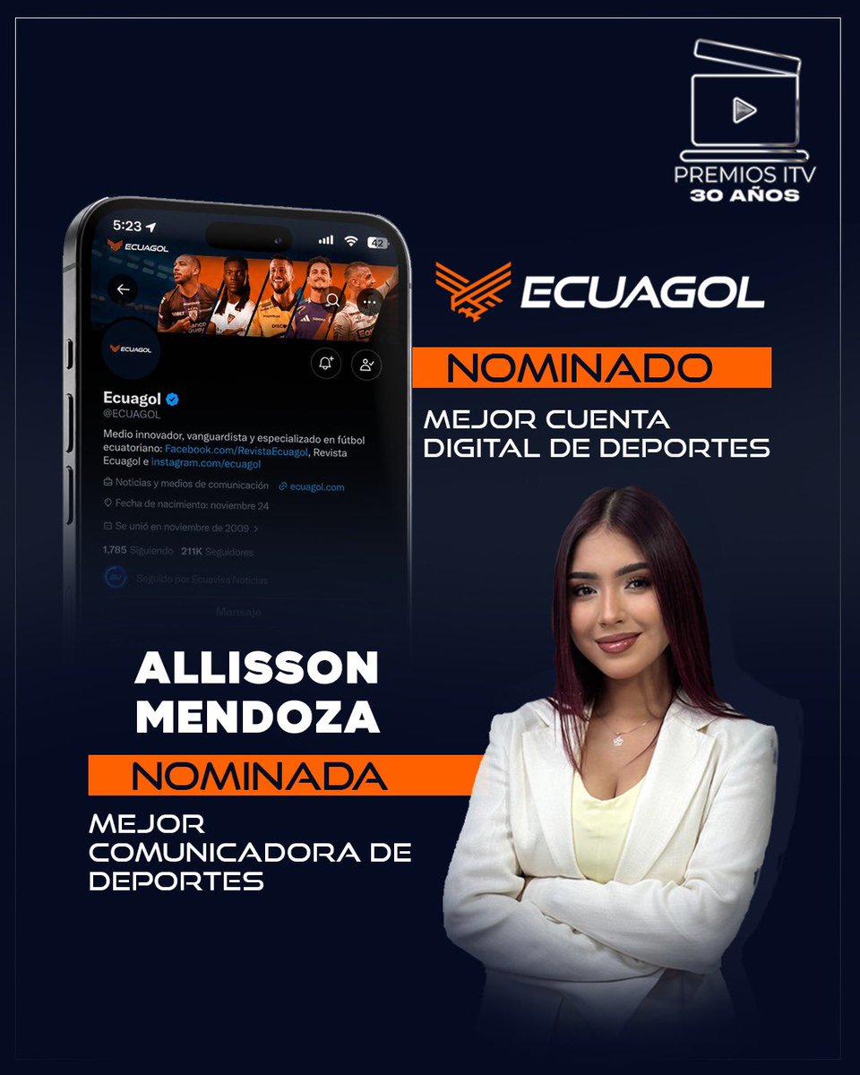 ECUAGOL's tweet photo. 👏🧡 ESTAMOS NOMINADOS 🥹🫶

Nuestra periodista Allisson Mendoza (@allimendozap ) está nominada como Mejor Comunicadora de Deportes

Nuestros periodistas Gabriel Solórzano (@GaboSolorzanoEc) y Sergio Basantes (@sbasantes92) en la categoría Mejor Comunciador de Deportes

Y nuestra cuenta @ECUAGOL como Mejor Cuenta Digital de Deportes 

🗳️ Te dejamos el link donde puedes votar por nosotros 🫶 https://t.co/XSZYST8fWJ

🥹 Agradecemos desde ya a cada uno de ustedes por su confianza y esta nominación 👏🧡