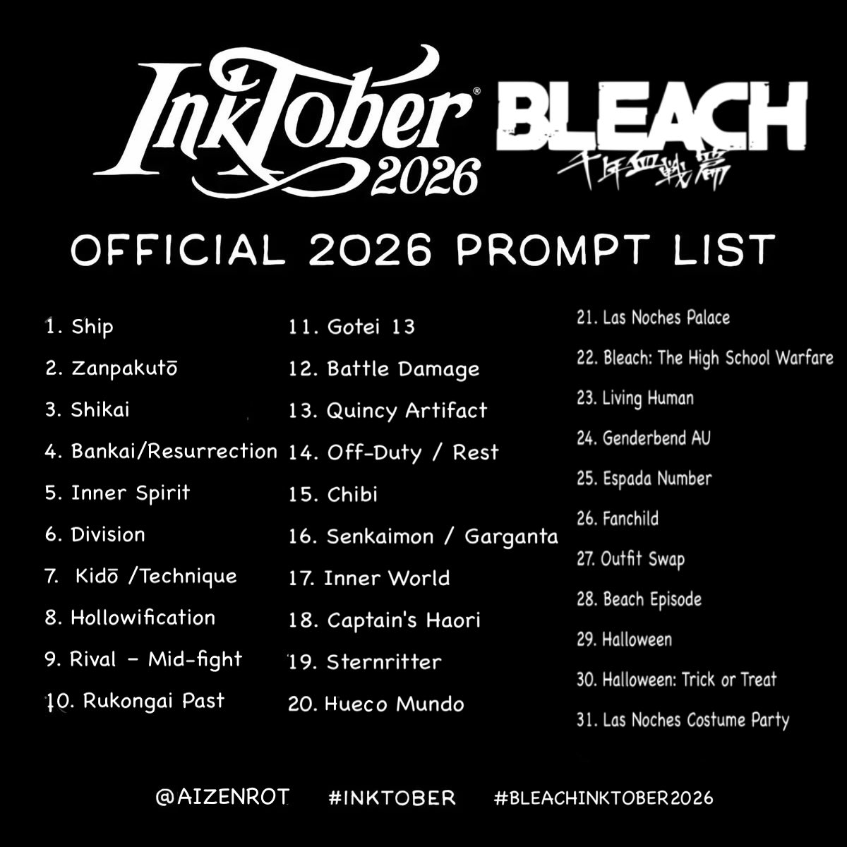 aizenrot's tweet photo. heyyyy i just created #bleachinktober2026 for the #bleachoc community, though it can also be used for canonical characters (fanart) if  you want to participate, just use the hashtag or tag me!! 

#BLEACH https://t.co/slfIVoqMn3