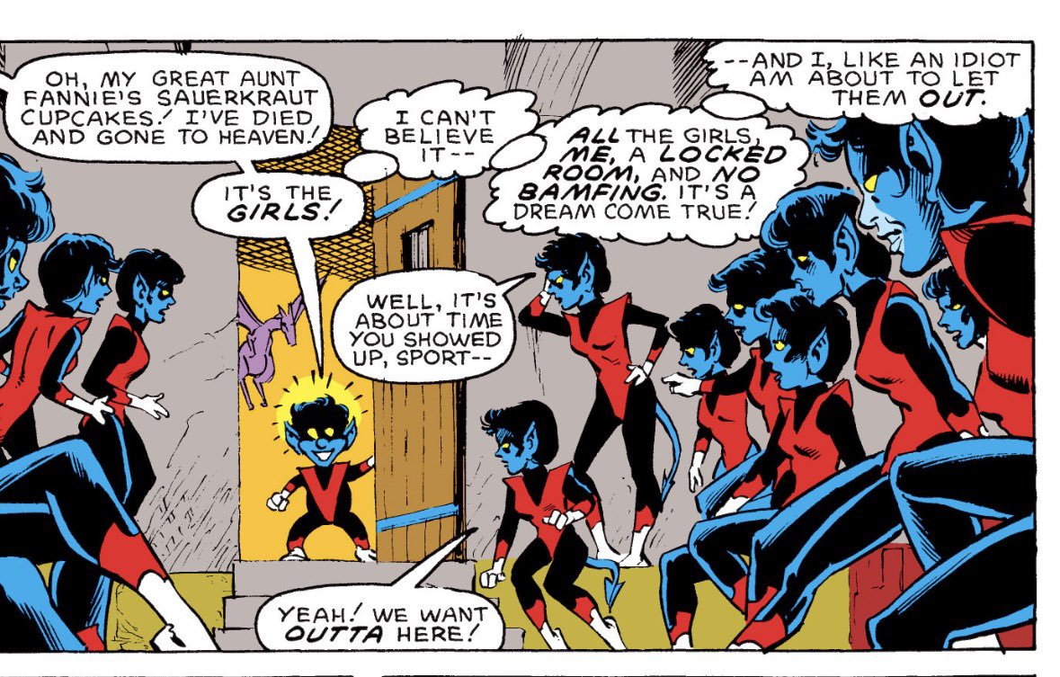 Azzytheazalea's tweet photo. The Nightcrawler 1985 comics get a bit weird in the last issue. 
My guess? That good 1980s cocaine. 
#Nightcrawler #xmen https://t.co/xjN4zBfCDx