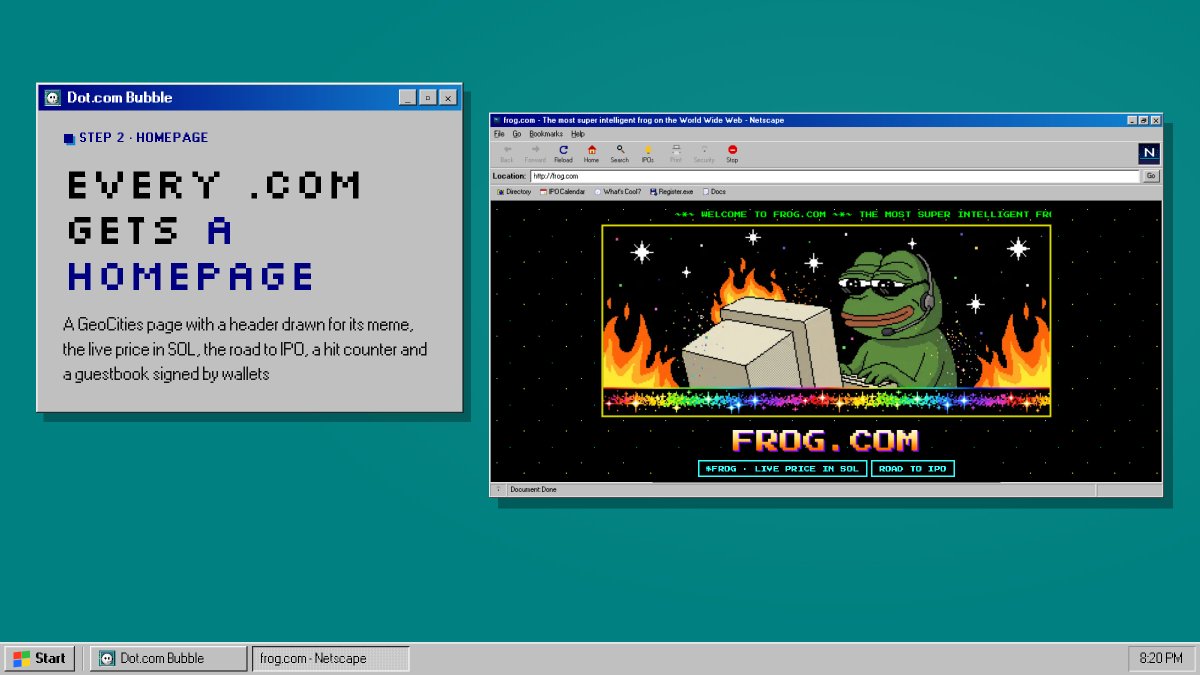 dotcombubble_'s tweet photo. What does a .com get?

A GeoCities homepage with a header drawn for its meme, the live price, the road to IPO, a hit counter and a guestbook signed by wallets https://t.co/nwJPf5ZbJs