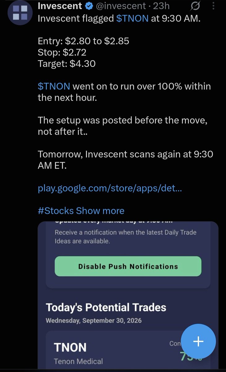invescent's tweet photo. 3 of our biggest calls from September:

$JAGX 300%
$TNON 100%+
$KOD 150%+

All 3 were surfaced by Invescent before the move.

No hindsight. No posting after the run.

Every setup was timestamped.

October we'll do it again. https://t.co/JTBwQzxSdb
