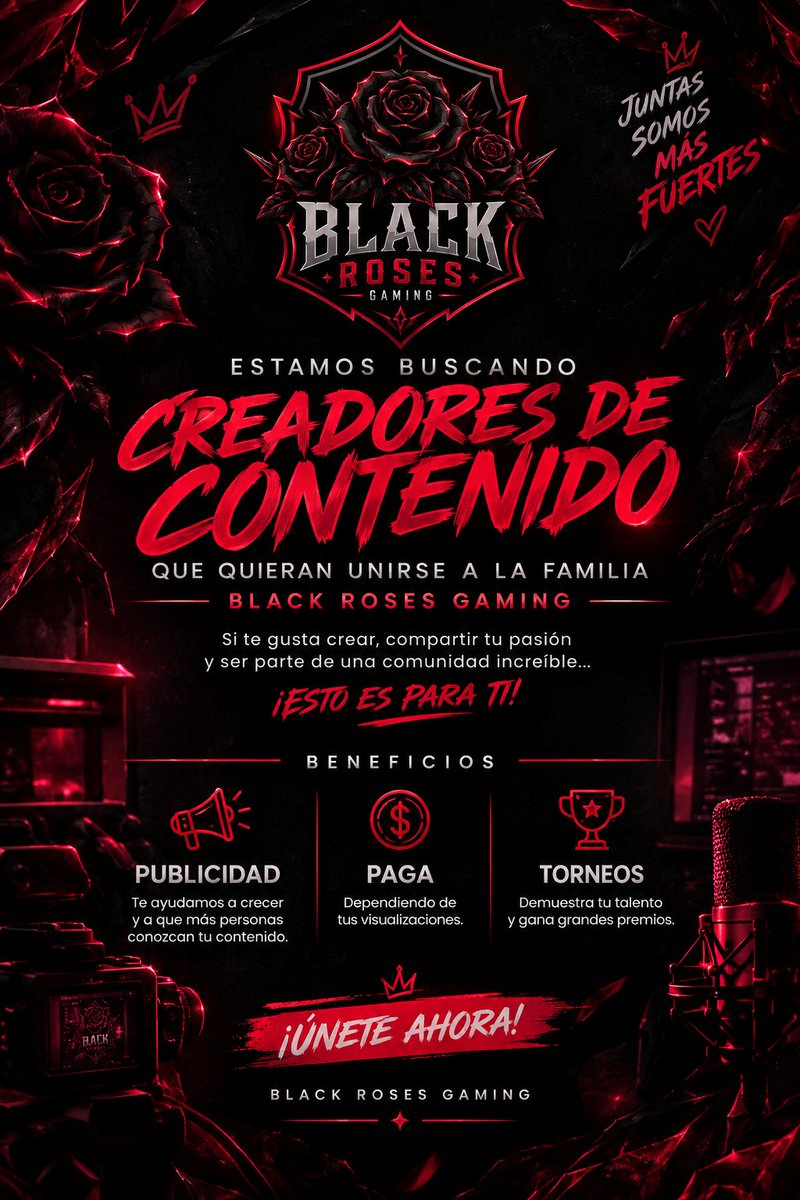 Blackrosesespor's tweet photo. 🥀 BLACK ROSES GAMING | RECLUTAMIENTO 🥀

¿Te gusta crear contenido, hacer streams y conectar con tu comunidad? 🎥🖤
 Black Roses Gaming está buscando CREADORES DE CONTENIDO para formar parte de nuestra familia.

✨ BENEFICIOS:
📢 Publicidad y promoción
💰 Pago según visualizaciones
🏆 Participación en torneos
🌹 Comunidad y apoyo del equipo
📈 Oportunidades para crecer junto a nosotros
No importa si haces TikTok, Twitch, YouTube o contenido gaming. Si tienes pasión por crear, queremos conocerte. 🖤

¿Quieres ser parte de Black Roses? 🌹

📩 DM para más información y aplicar.
#BlackRosesGaming #ContentCreator #Gaming #Esports #Streamer #TikTokGaming #YouTubeGaming