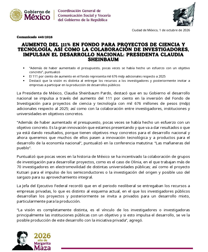 institutomora's tweet photo. #ComunicadoSecihti
Aumento del 111% en fondo para proyectos de ciencia y tecnología, así como la colaboración de investigadores, impulsan el desarrollo nacional: presidenta Claudia Sheinbaum. https://t.co/hTvW4E23LL