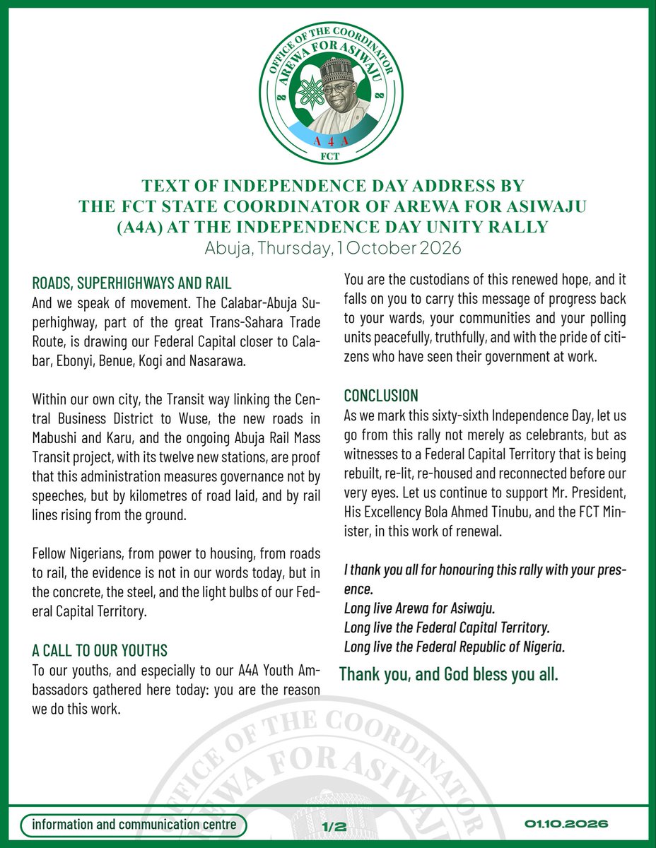 A4Afct's tweet photo. TEXT OF INDEPENDENCE DAY ADDRESS BY
THE FCT STATE COORDINATOR OF AREWA FOR ASIWAJU (A4A) AT THE INDEPENDENCE DAY UNITY RALLY https://t.co/UX6GLKunJA