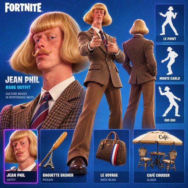 DaBunnyOFFICIAL's tweet photo. They just added Jean Phil to Fortnite and the price is absolutely dumping https://t.co/uBRdrMR04B