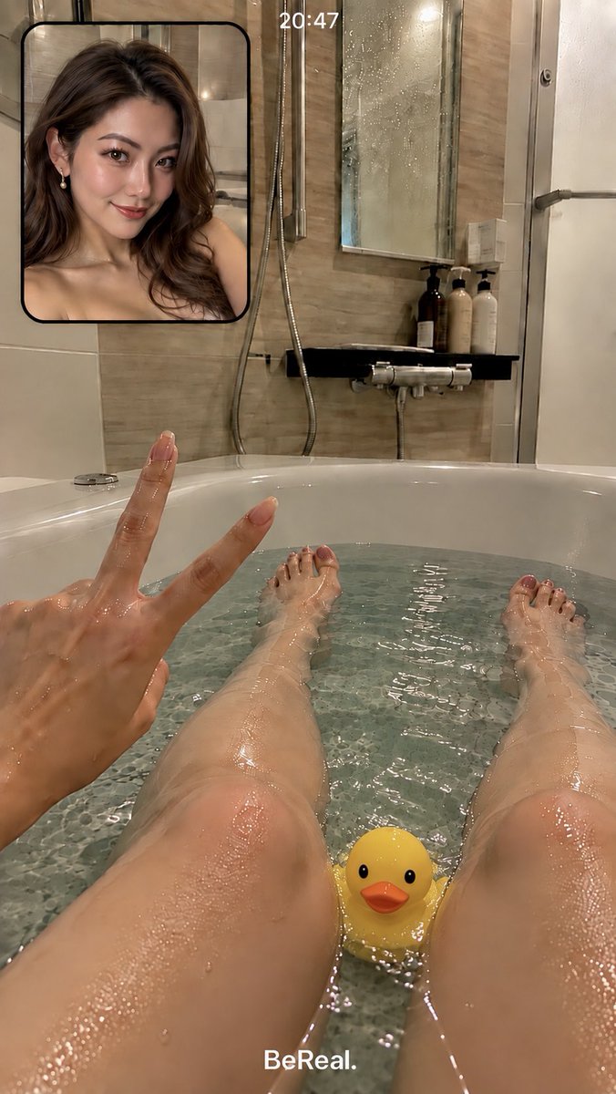emirifonda's tweet photo. BeReal caught me exactly as I am tonight… warm bath, wet hair, and my little yellow accomplice floating into the shot. 🛁🦆 No posing, no retakes—would you dare post your real moment too? 😏

#BeReal #BathTime #LateNightMood https://t.co/OGyylJQBek