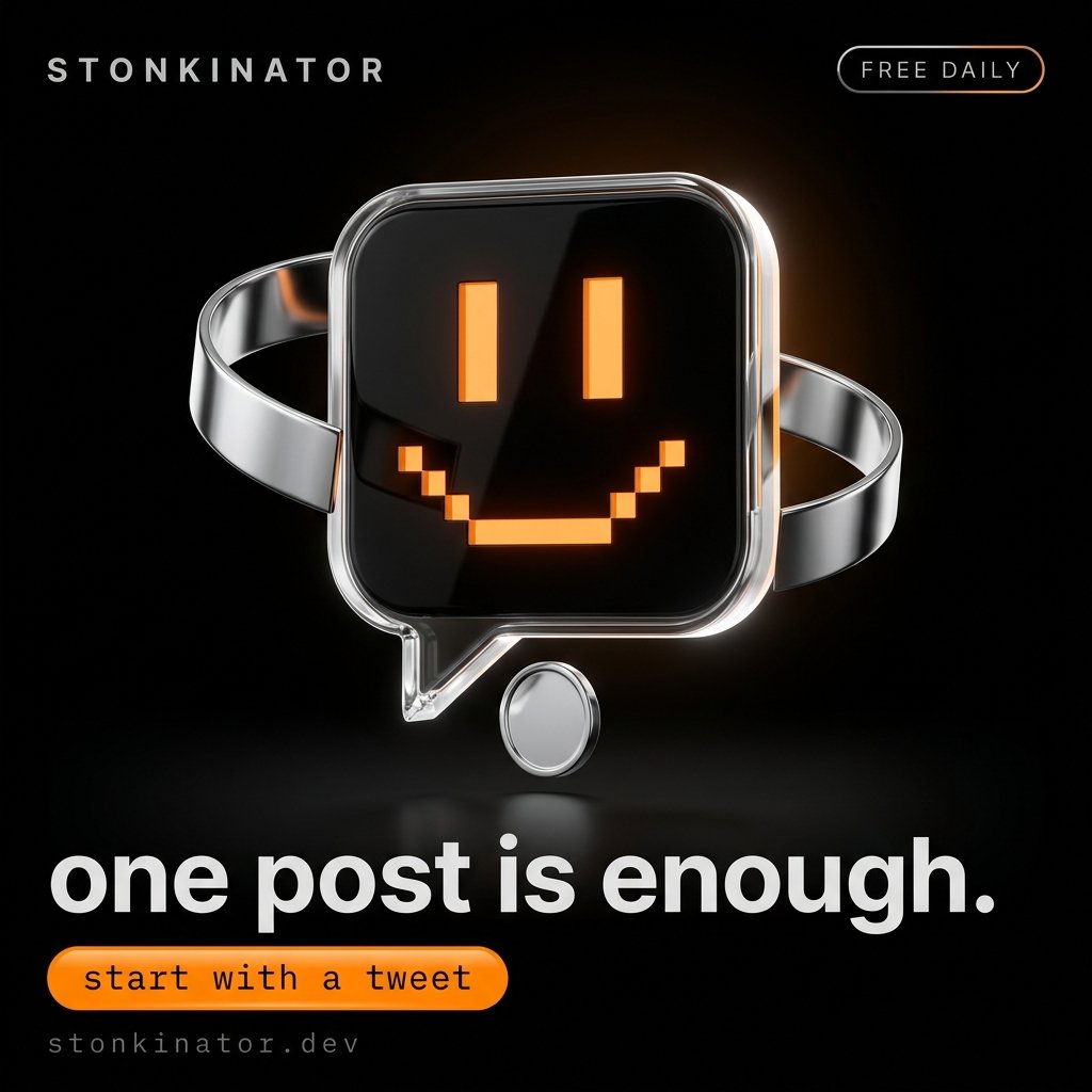 Stonkinatordev's tweet photo. Launch a coin in one post.

Tweet a name and a $TICKER at @Stonkinatordev and it goes live on Stonkfun. Add an image if you want one. If you don't, it makes a simple one from your ticker.

Your first launch every day is free. We pay the fees. The coin is still yours. You are the creator on chain, so the creator fees come to you, not to us. You don't need any SOL to start.

Most launchpads pair your coin with SOL and never ask. Pair yours with USDC, with a tokenized stock, with almost any token. Reply PAIRS to see the list.

The AI only reads your post and fills in the details. It cannot sign, it cannot spend, and it can never move your money.

You never have to chase it. A launch either goes live on its own, or comes back with one reply telling you why not. If it needs a deposit, it waits and launches the moment your SOL arrives.

If the free launches run out before yours starts, we do not quietly charge you. It stops, says "Nothing was spent", and you post again.

Prefer a screen? Everything works at https://t.co/vnigAWDdYO too.

Start with a tweet.