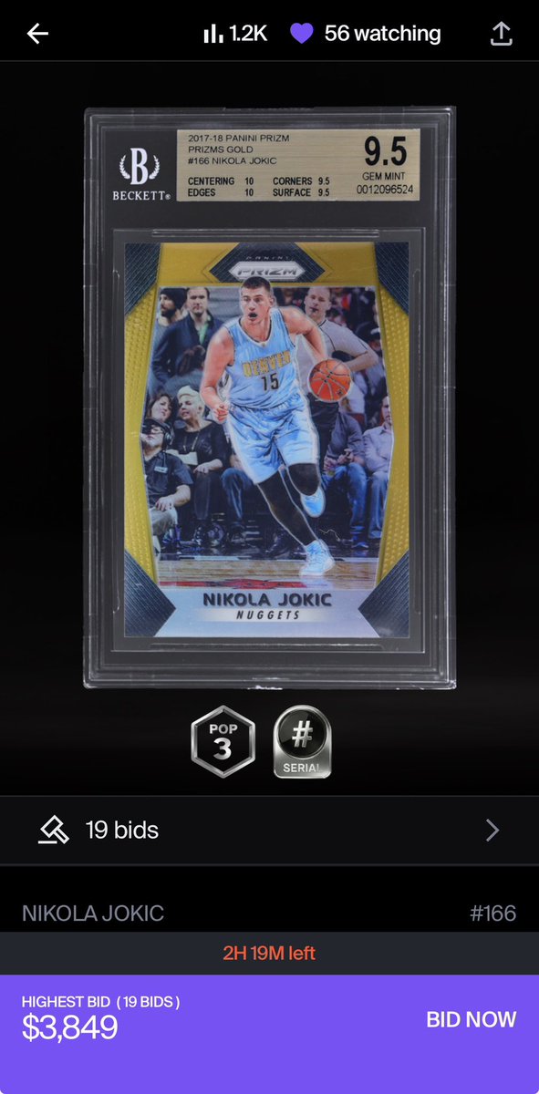 AkowCards's tweet photo. Last week, a 2018 Nikola Jokić Gold Prizm /10 PSA 10 sold for $21,625 at ALT.

Exactly one week later, we get two more data points 👀

A 2017 Gold Prizm /10 BGS 9.5 and a 2023 PSA 10 closes tonight at @altxyzofficial 

Where do these finish? https://t.co/ONkQsatZ1L