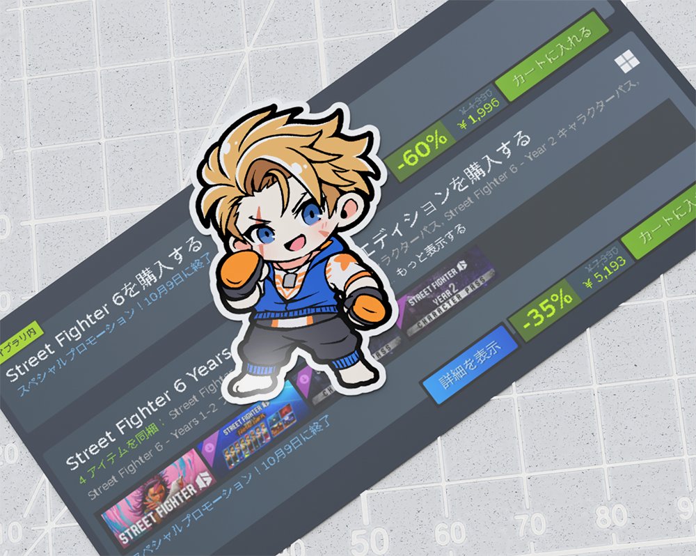keisawada's tweet photo. スト６，今まで50%オフだったのにsteamのオータムセールで60%オフになって2000円切ってる！ みんな始めよ！

急いでちびルークくん描いたらむちむちになっちゃった😇 https://t.co/f9wbkLJMiz