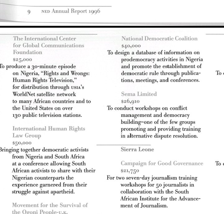 cbginsight1's tweet photo. Here are the receipts for anyone still doubting. Everything is publicly documented in their own annual reports. NADECO was a CIA project, nothing more. The evidence is already there for anyone willing to actually look. https://t.co/TSzODzqNdJ