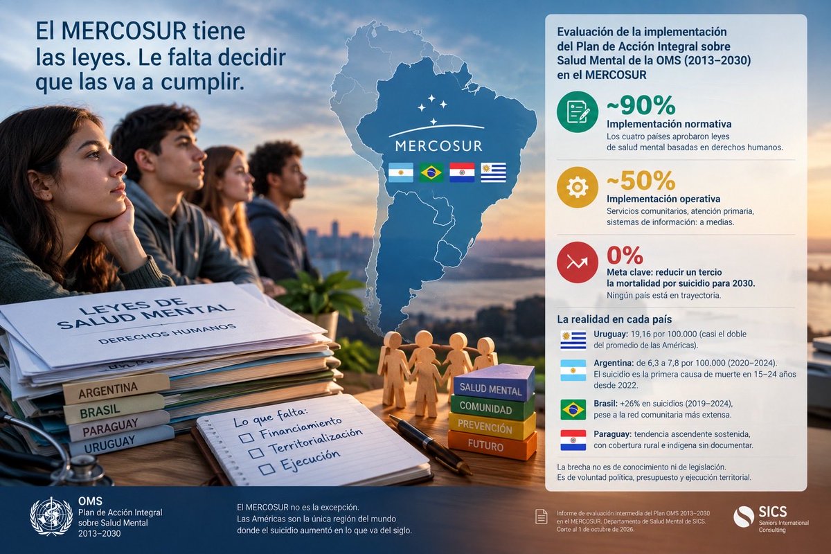 SICS_seniors's tweet photo. El MERCOSUR tiene las leyes. Le falta decidir que las va a cumplir.
 
Plan de Salud Mental OMS 2013–2030, a ⅔ del plazo:
 
✅ ~90% normativo
⚠️ ~50% operativo
❌ 0% en la meta de suicidio
 
La brecha no es legal: es presupuesto y ejecución.
 
#SaludMental #MERCOSUR https://t.co/TyUOpQgJHL