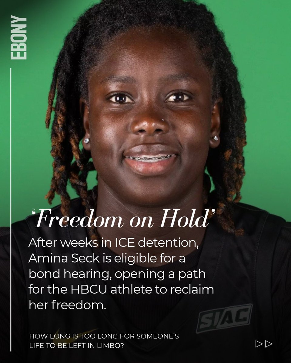 EBONY's tweet photo. What began as a trip to an HBCU all-star event has left Kentucky State athlete Amina Seck in ICE custody since August 7. 

Now, the 26-year-old from Senegal is eligible for a bond hearing after weeks in detention that included missing essential surgery and having a separate medical emergency. 🖤