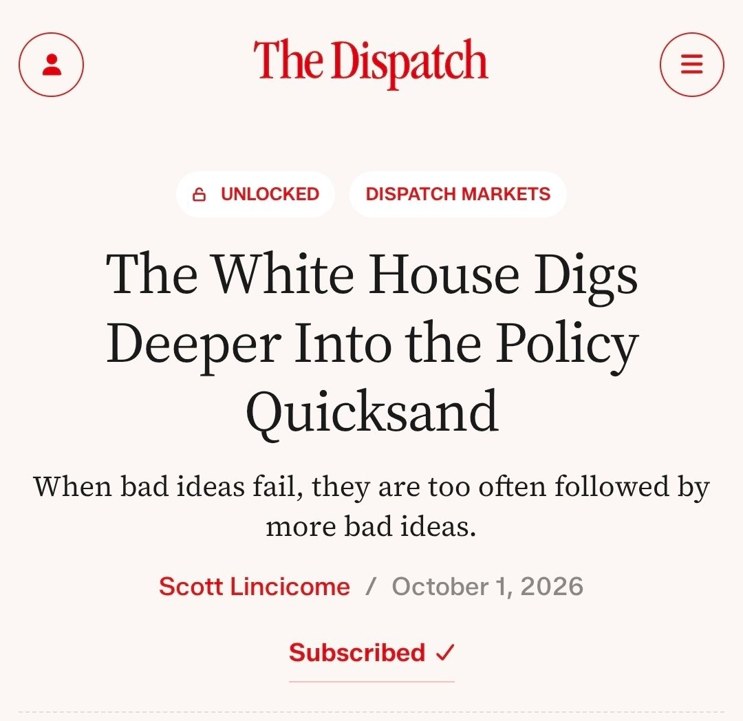 scottlincicome's tweet photo. On Iran, affordability (especially tariffs), and the debt, President Trump has dug himself a hole. And instead of reversing course, he's digging even deeper. 

As I explain in my latest at @TheDispatch, policy lessons abound.
 https://t.co/1rsauVquIT https://t.co/zJTKmM3Fls
