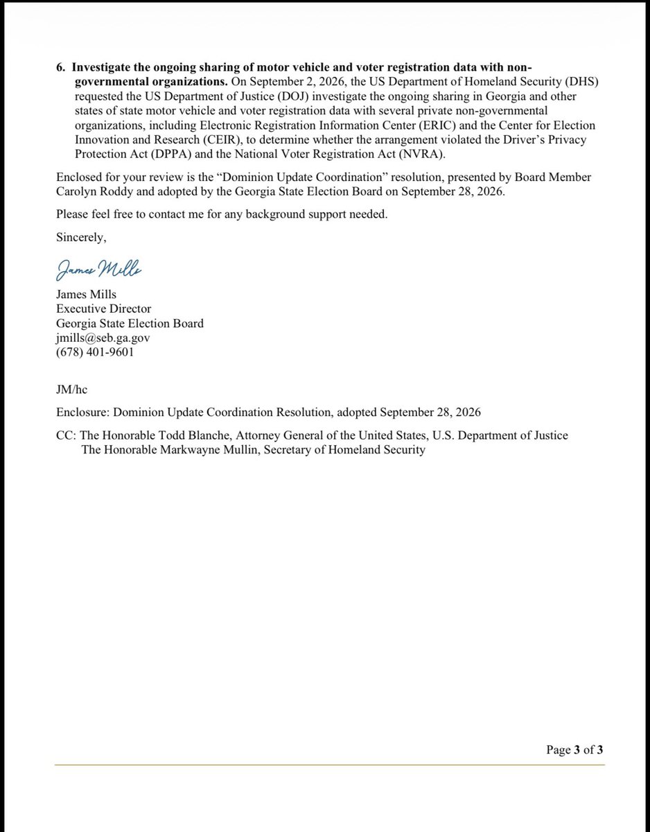 TrueTheVote's tweet photo. BREAKING: Georgia State Election Board Executive Director James Mills has formally requested DOJ intervention before the November 2026 election. 

His letter calls for immediate fixes to Georgia’s Dominion voting system, protection of ballot secrecy, and an end to QR-code tabulation that voters cannot verify. 

It also seeks investigations into alleged alteration and withholding of election records and the sharing of voter registration and motor vehicle data with outside organizations — calling for action against officials responsible for wrongdoing. Huge! 

file:///var/mobile/Library/SMS/Attachments/75/05/8D632C3E-852C-41FD-BE76-713AB088A4BA/Formal_Request_for_DOJ_Intervention_-_The_Honorable_Harmeet_Dhillon.pdf