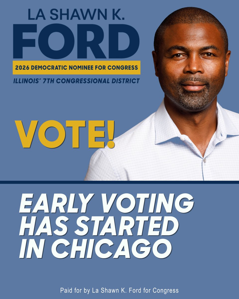 ford4congress's tweet photo. EARLY VOTING HAS STARTED IN CHICAGO

Chicago voters can now cast their ballots early for the November 3 General Election. Beginning today, October 1, Early Voting is available at two downtown locations:

- Chicago Early Voting Supersite
137 S. State St.

- Chicago Board of Elections
69 W. Washington St., 6th Floor

Any registered Chicago voter can use a Chicago Early Voting location, regardless of where they live in the city. Early Voting expands to locations across all 50 wards beginning Monday, October 19.

For official locations, hours and voting information, visit Chicago Board of Elections.

https://t.co/vTILEt7ML0

#EarlyVoting #ChicagoVotes #Election2026 #Chicago #IL07
