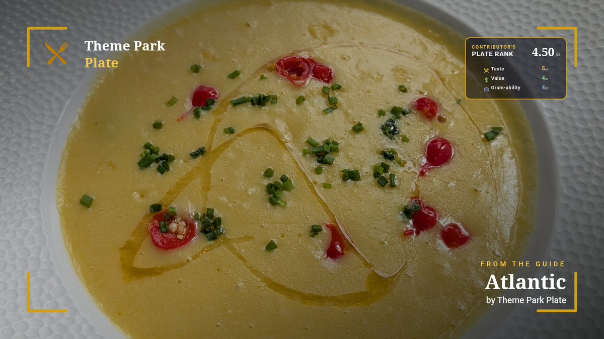 ThemeParkPlate's tweet photo. Arguably the best corn chowder in Orlando. 
The plant-based Corn Chowder at Atlantic inside Universal’s Epic Universe scores a 4.50 Plate Rank! Silky, rich, and gluten-friendly.  
Taste: 5/5 ⭐
Value: 4/5 💰
Gram-ability: 4/5 📸  
#EpicUniverse #UniversalOrlando #ThemeParkPlate https://t.co/pc39OQXG7A
