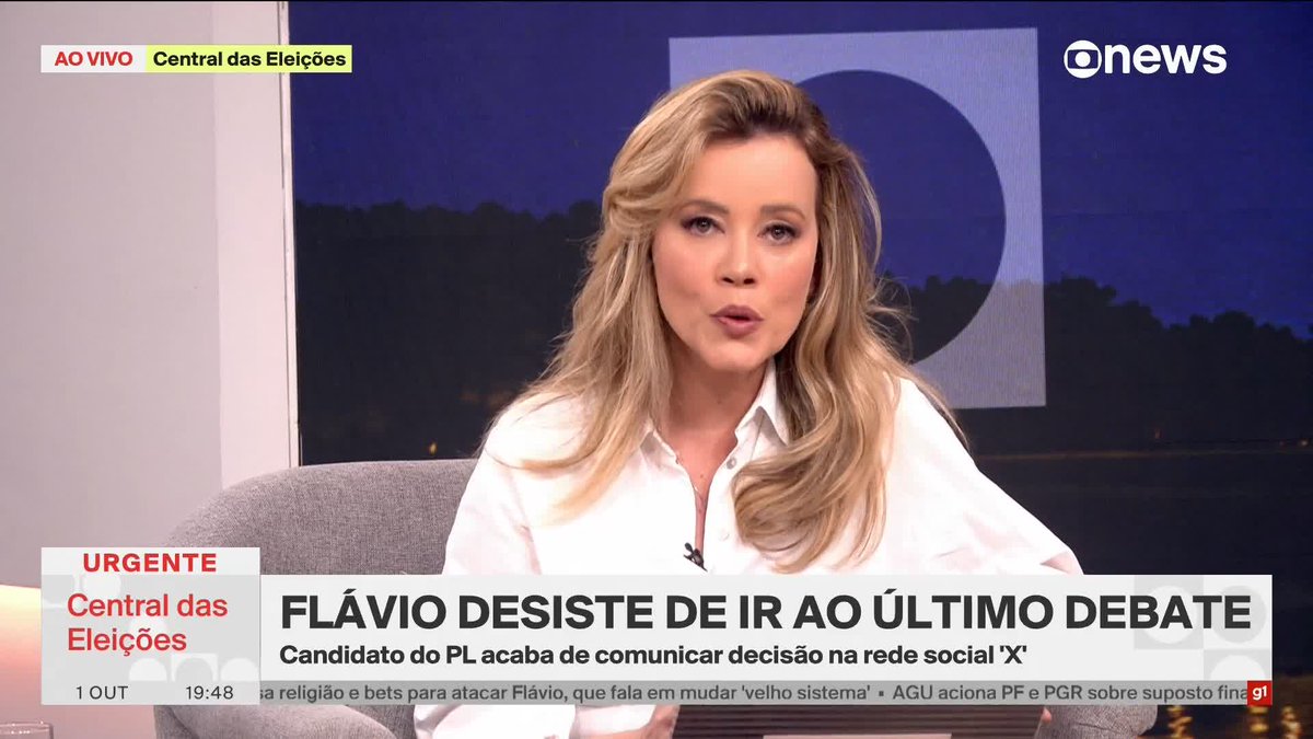 A blonde female presenter on GloboNews' "Central das Eleições" broadcast reports on Flávio Bolsonaro's withdrawal from the final debate, with the headline "FLÁVIO DESISTE DE IR AO ÚLTIMO DEBATE" displayed at the bottom of the screen.

The accompanying caption about Gilmar and Chico Linguiça appears unrelated to the image, which shows a news anchor delivering breaking election coverage rather than any content referencing the STF or MBL.