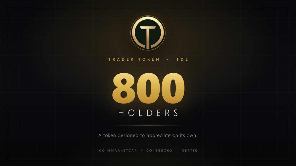 TraderToken1's tweet photo. 800 holders.

Trader (TDE) is built to appreciate independently of external capital inflow. Profits from real trading are reinvested into the chart, through continuous buybacks and burns.

If that sounds unusual, don't take our word for it. Look up TDE on CoinMarketCap, CoinGecko and CertiK.

#TDE
