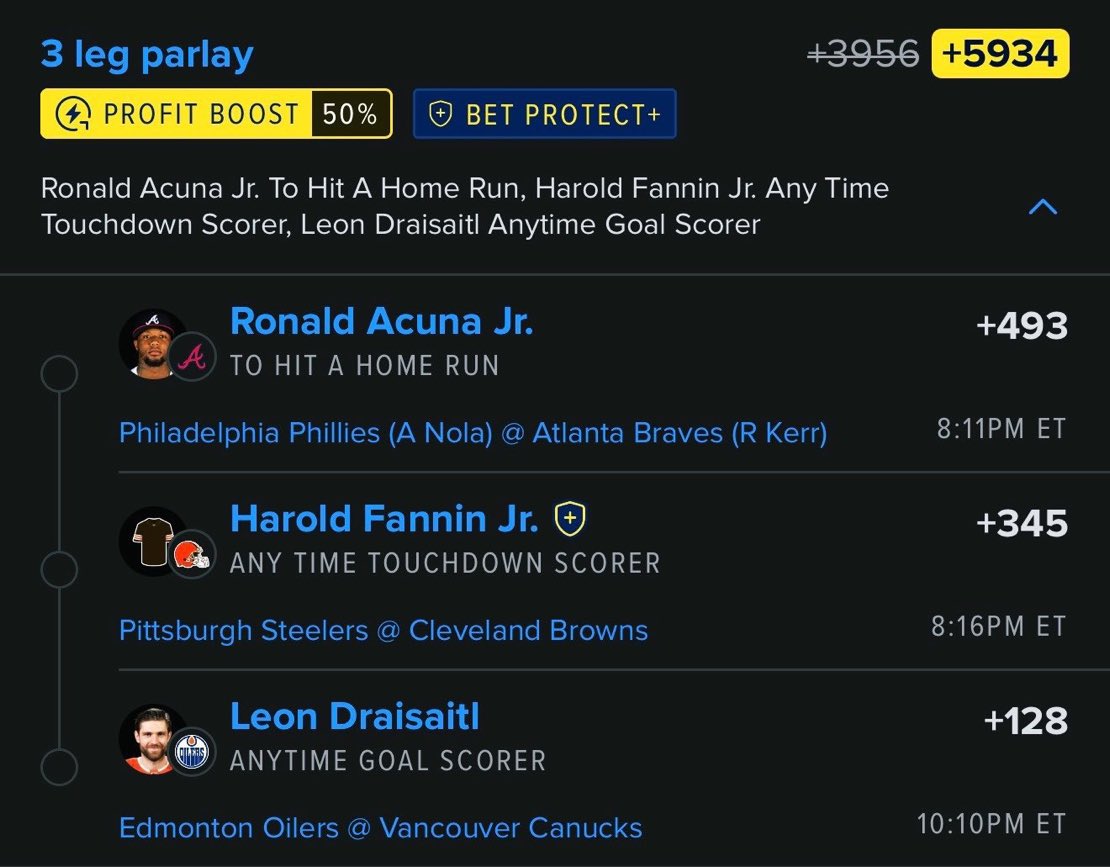 MBWHYTESBET's tweet photo. 🔥 3-LEG PARLAY 🔥
💰 +5934 ODDS 💰
⚡ 50% PROFIT BOOST

⚾ Ronald Acuña Jr. — HR (+493)
🏈 Harold Fannin Jr. — Anytime TD (+345)
🏒 Leon Draisaitl — Anytime Goal (+128)

🎯 3 LEGS • +5934

🔥 @MBWHYTESBET

#MLB #NFL #NHL #ParlayPicks #SportsBetting #BettingTwitter #HomeRun #AnytimeTD #NHLBets #MBWHYTESBET @Playbook