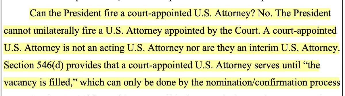 KlasfeldReports's tweet photo. "Can the President fire a court-appointed U.S. Attorney? No. The President cannot unilaterally fire a U.S. Attorney appointed by the Court."

Demonstrating how eager Trump is to stack his top prosecutors with loyalists, his DOJ *immediately* filed a notice of appeal. https://t.co/w1pIThf88j