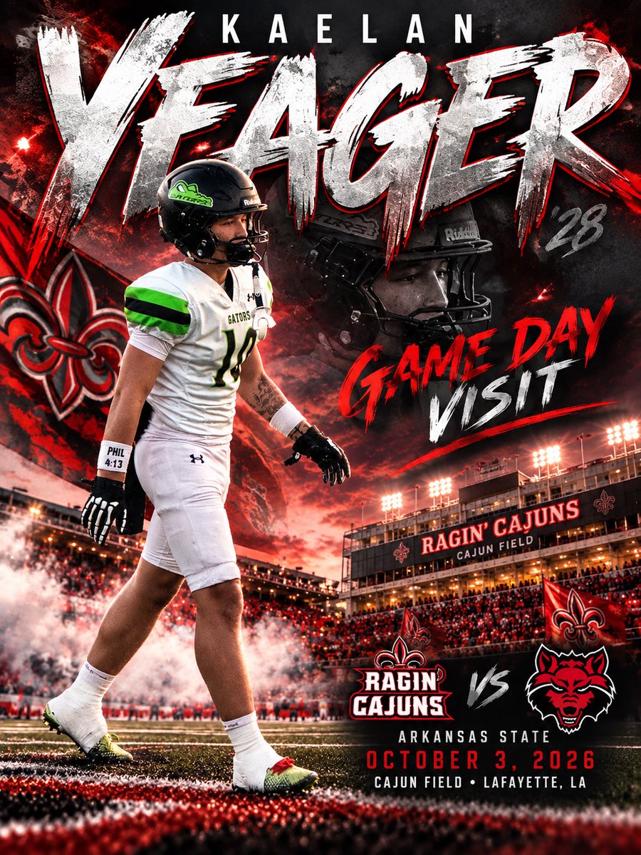 YeagerKaelan's tweet photo. Blessed and grateful for the opportunity to experience @RaginCajunsFB this Saturday!

I want to thank @CoachLovings for the invitation. Looking forward to being on campus , experiencing game day and building new relationships @nester_nick @R_AmirGantCoach @olemissvader @MacCorleone74 @ReggieBuchanan @coach_tko