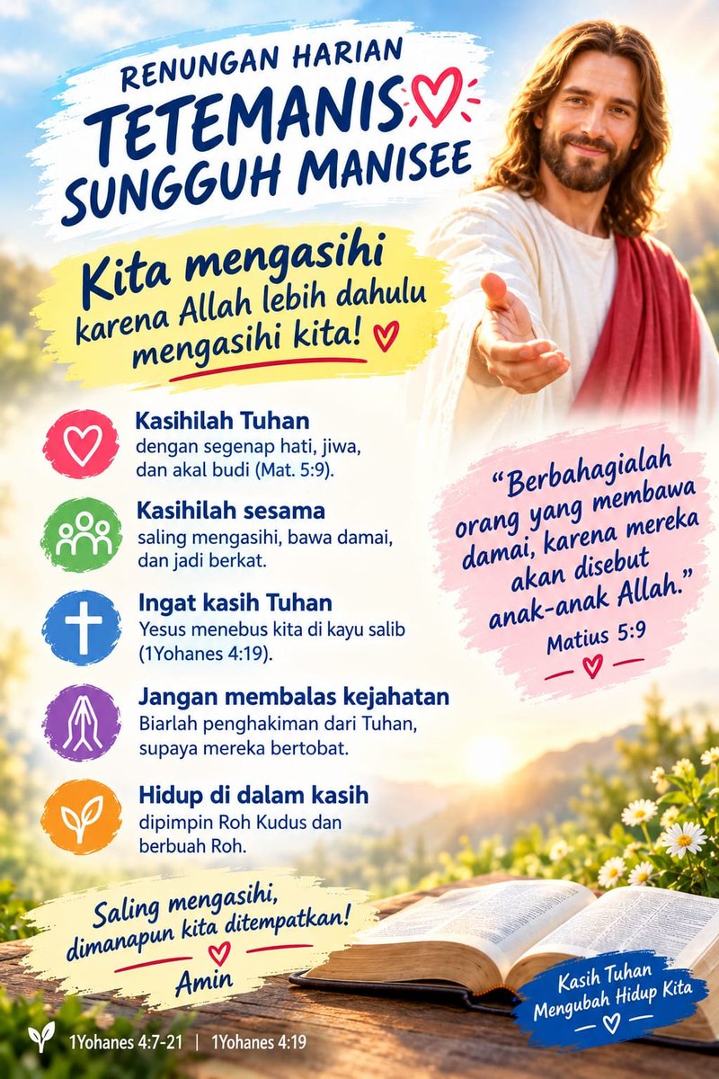lemuel_marthen's tweet photo. RENUNGAN HARIAN TETEMANIS SUNGGUH MANISEE
Shalom! Kita mengasihi karena Allah lebih dahulu mengasihi kita!
.
.
#1Yohanes4:7-21
#1Yohanes4:19
#LordJesusYourSavior
#TuhanYesusJuruSelamatHidupmu
#HappyFridayMorning
https://t.co/jYmifKMLgL https://t.co/aK3elTQgRM