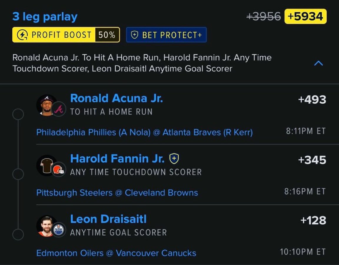 cashflowsports2's tweet photo. 🔥 3-LEG PARLAY 🔥
💰 +5934 ODDS 💰
⚡ 50% PROFIT BOOST

⚾ Ronald Acuña Jr. — HR (+493)
🏈 Harold Fannin Jr. — Anytime TD (+345)
🏒 Leon Draisaitl — Anytime Goal (+128)

🎯 3 LEGS • +5934

🔥 @cashflowsports2 

#MLB #NFL #NHL #ParlayPicks #SportsBetting #BettingTwitter #HomeRun #AnytimeTD #NHLBets #MBWHYTESBET @Playbook