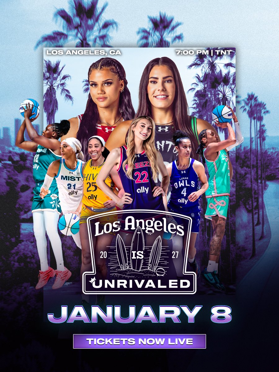 Unrivaledwbb's tweet photo. Tickets for Los Angeles is Unrivaled are LIVE!
The best of women’s basketball is coming to LA 🎟️ - https://t.co/gvb953nufD https://t.co/U6yskmaRMR