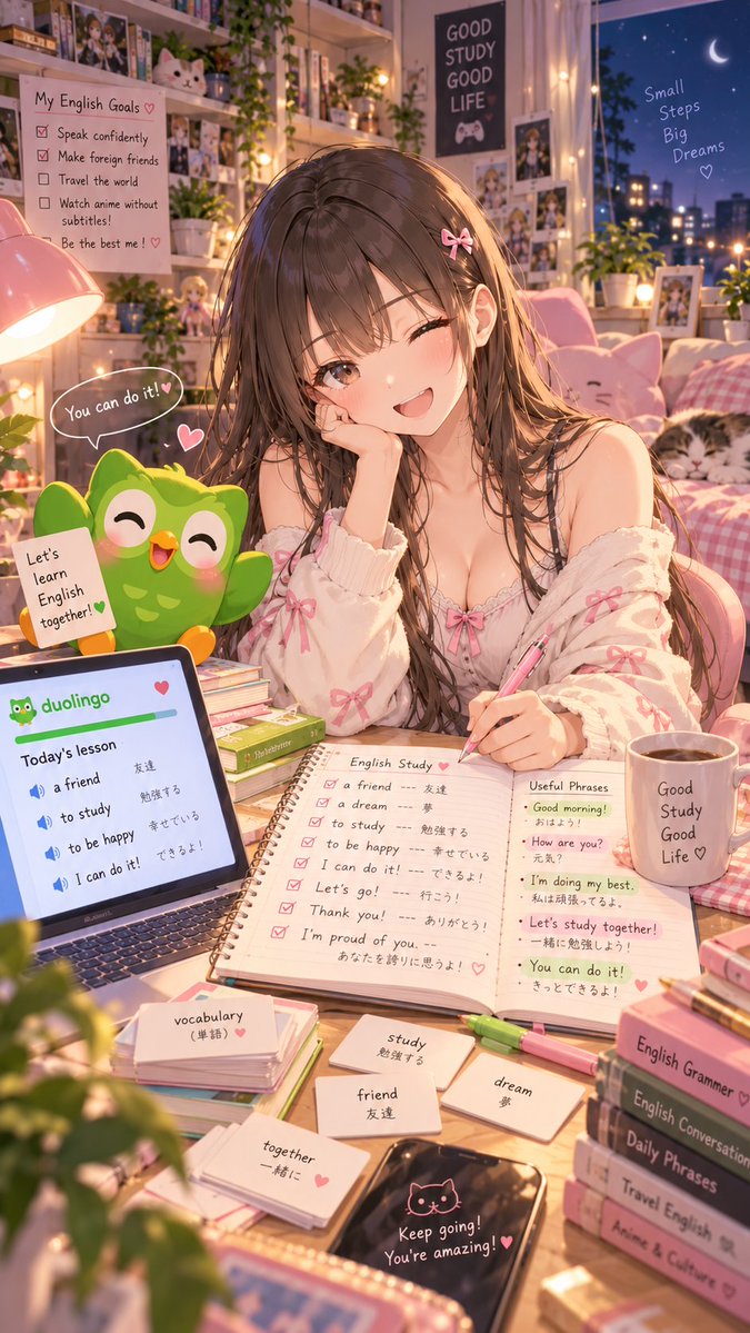 toby58463's tweet photo. DUOと一緒なら、英語の勉強もちょっと楽しくなる📚🦉
今日も少しずつ��続けることがいちばん大事。
#HeartScape #Duolingo #DUO #英語学習 #英語勉強 #StudyTime #EnglishStudy #AIart #AIイラスト #AnimeArt #CozyRoom #SameCharacter https://t.co/Tn587tEpw4