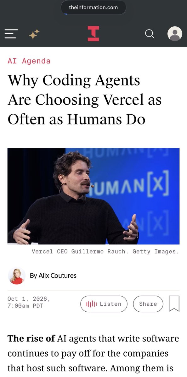 glennsolomon's tweet photo. One of the most important questions for software companies today: how do you win the agent?

As agents become users and increasingly make decisions about which tools and infrastructure to use, the playbook for product is changing. Quickly.

I spoke to @alix_coutures about what @Vercel is seeing firsthand.

With over 480,000 paying customers and an army of agents shipping code for each one, Vercel has a unique view into this shift. In June, @rauchg shared that agents that produce new code now account for half of Vercel’s new business.

There’s a lot more to come as agents become customers. And Vercel is leading the way 🚀