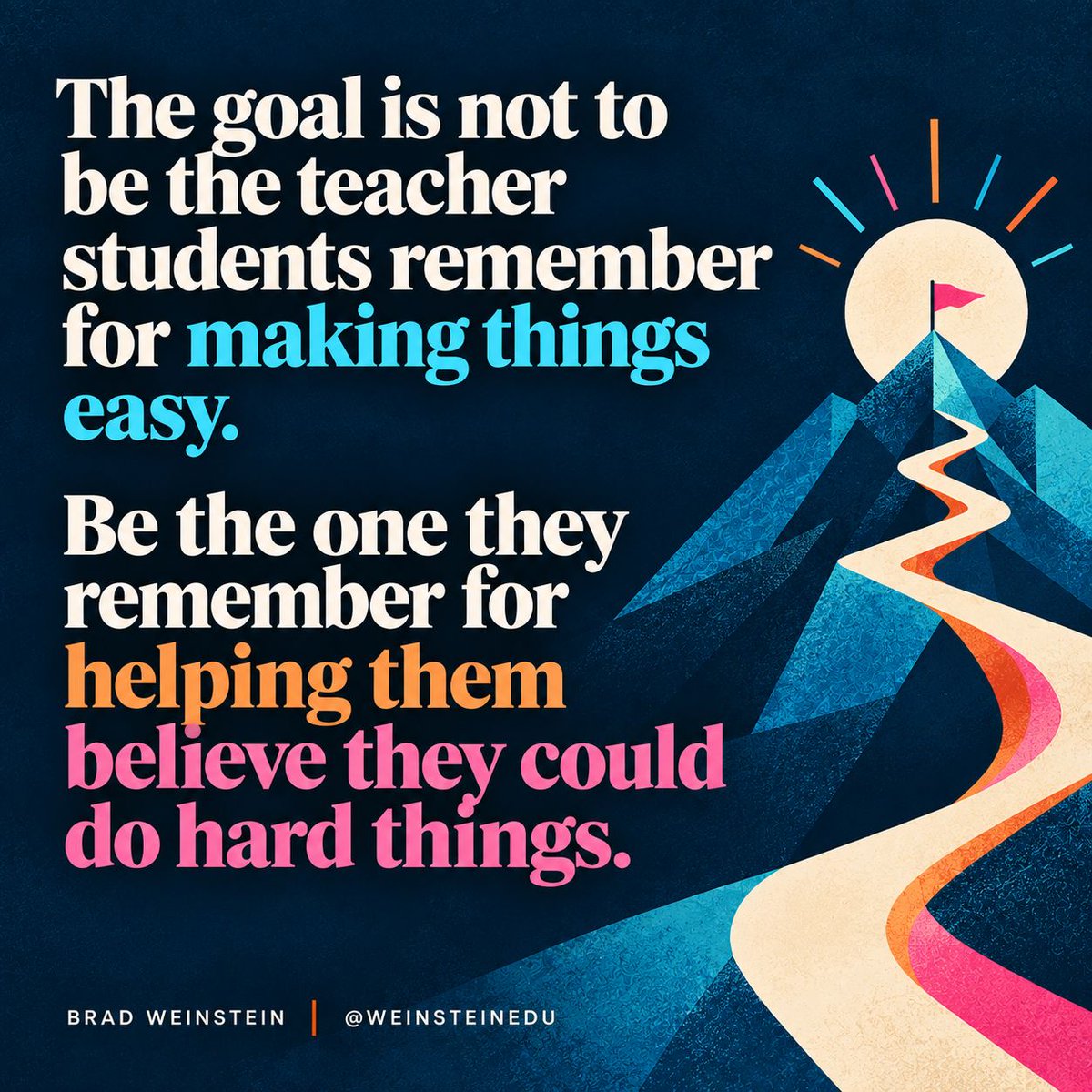 WeinsteinEdu's tweet photo. There is a difference between removing the obstacle and helping a student find a way through it.

When a student is stuck, support might look like breaking the task down, modeling the first step, giving them another attempt, or reminding them what they have already figured out.

The challenge can stay. The student just does not have to face it without the tools to keep going.

That is how students begin collecting evidence that they can handle things that once felt out of reach.