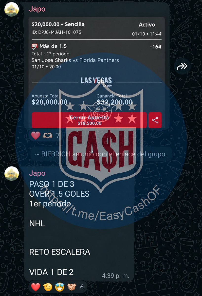 AdrianoPicks_MX's tweet photo. 🚨 𝗥𝗘𝗧𝗢 𝗘𝗦𝗖𝗔𝗟𝗘𝗥𝗔 — 𝗣𝗔𝗦𝗢 #𝟭 𝗗𝗘 𝗝𝗔𝗣𝗢 🚨

🏒 Sharks vs Panthers
🔥 𝗢𝘃𝗲𝗿 𝟭.𝟱 goles en el 1er periodo al -164
💵 𝗠𝗲𝘁𝗲𝗺𝗼𝘀 $𝟮𝟬,𝟬𝟬𝟬
🎯 𝗕𝘂𝘀𝗰𝗮𝗺𝗼𝘀 𝗰𝗼𝗯𝗿𝗮𝗿 $𝟯𝟮,𝟮𝟬𝟬
Más apuestas 𝗚𝗥𝗔𝗧𝗜𝗦 de #Japo 👇
https://t.co/TJscdKTHoL https://t.co/TVRwzUHKTq