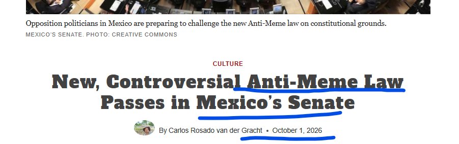 meggarwicky's tweet photo. ANTI MEME LAW PASSED IN MEXICO THAT WAS PASSED TODAY??

THIS IS insane and WE HAD 0 runner from this??

cant think of a better narro, send this fuckign bean to make fun of these retards

https://t.co/GicpEvDCOr https://t.co/XovFKCxWGY