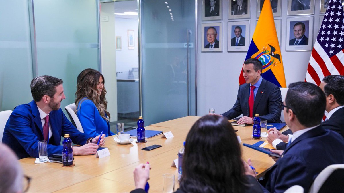 KristiNoem's tweet photo. President Noboa and I are both committed to taking on the cartels and organized crime, making our countries safer, and creating opportunities for businesses to thrive. Before our Shield of the Americas meeting at UNGA last week, we discussed using better technology to strengthen Ecuador’s borders and ports and how we can help open the door for more American businesses to come to Ecuador. Building these partnerships is what the Shield of the Americas is all about - working together to create a more a secure and prosperous future for us and our neighbors.