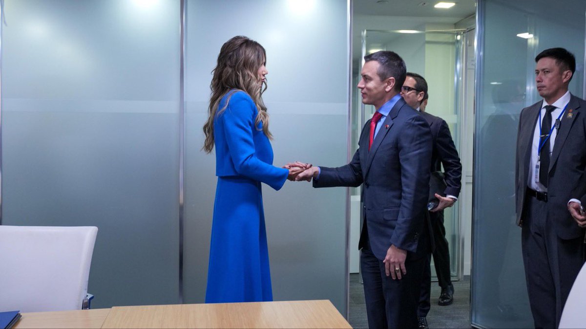 KristiNoem's tweet photo. President Noboa and I are both committed to taking on the cartels and organized crime, making our countries safer, and creating opportunities for businesses to thrive. Before our Shield of the Americas meeting at UNGA last week, we discussed using better technology to strengthen Ecuador’s borders and ports and how we can help open the door for more American businesses to come to Ecuador. Building these partnerships is what the Shield of the Americas is all about - working together to create a more a secure and prosperous future for us and our neighbors.