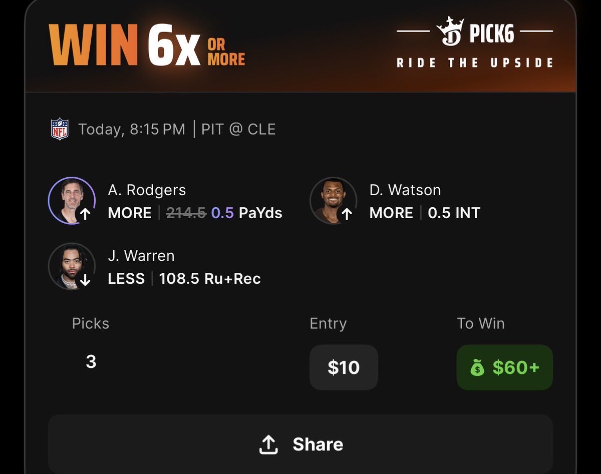 ArminBets's tweet photo. @Pick6 Aaron Rodgers Free Square 6x! 🎯

All plays found with @OddsJam DFS optimizer! 

Like if you’re tailing! ❤️ https://t.co/2B6Hs4FC1x