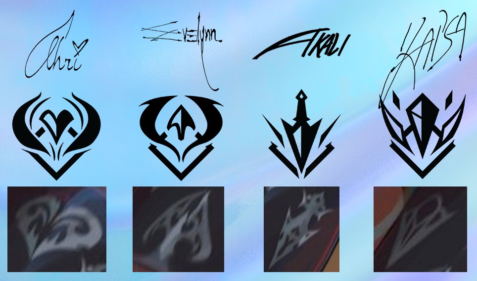 BessWisty's tweet photo. My guesses for the KDA Crests in the new True Damage Promo Art!!!!! Looks edgy, fierce and aggressive...I kinda like it. Curious to see how will turn out. https://t.co/Eb9dkCeiZH