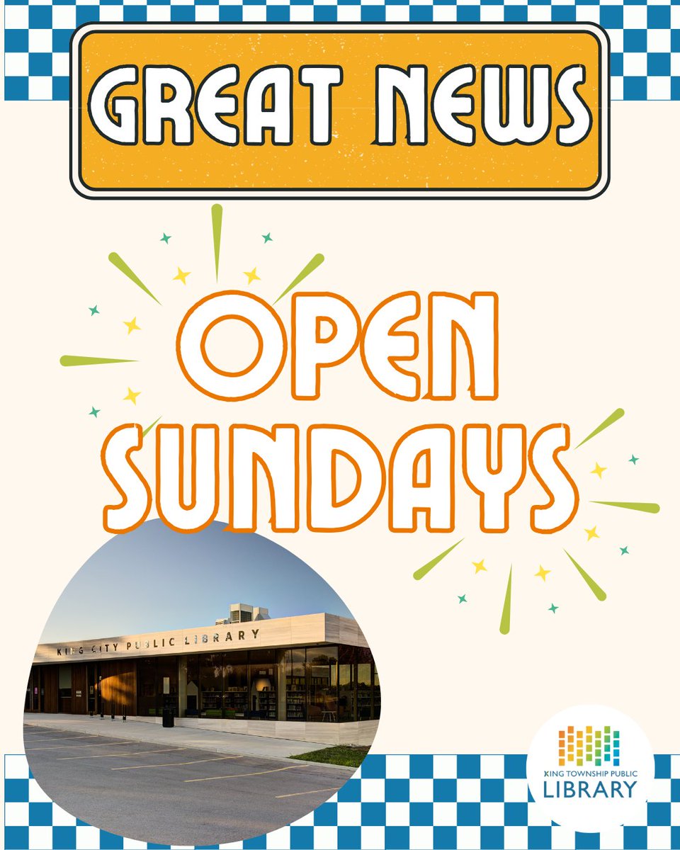 KingLibraries's tweet photo. 📢 Sundays are back at the King City Branch!

Starting October 18, the King City Branch will be open on Sundays from 10 a.m. to 2 p.m. Stop by to browse, borrow, study, or relax with a good book.

We look forward to seeing you! 😊

#KingLibraries #WelcomingHelpfulFriendly https://t.co/qEOjtvfRni
