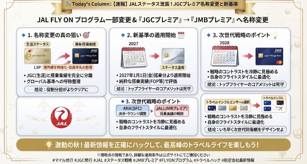 gk33984's tweet photo. ## ✈️ Today's Column: 【ニュース】激震続くステータス戦線！JAL「JGCプレミア」名称変更と搭乗実績重視への舵切り最新動向

先日お届けしたANA・SFC制度の再見直し（緩和案）に続き、日本の空を二分するJALからも非常に大きなステータス関連のニュースが飛び込んできました。

JALは、FLY ON プログラムにおける上級会員の基準およびサービス内容の一部変更を正式発表。これに伴い、これまでJGC会員の証の一つとして親しまれてきた**「JGCプレミア」の名称が「JMBプレミア」へと改称**されることが決定しました。今回は、この秋の最新オフィシャル発表をベースに、JAL上級会員の未来とマイラーが取るべき戦略を徹底解説します。

---

📌 **1. 「JGCプレミア」から「JMBプレミア」へ：名称変更と条件撤廃の真の狙い**
*   **JGC（生涯ステータス）と搭乗実績の切り離し**：数年がかりでLSP（Life Status ポイント）を蓄積する現在のJGC制度と、1年間のフライト実績（FLY ON ポイント）で獲得する上級会員資格の境界線をより明確化。
*   **JGC会員資格の前提を撤廃**：2027年1月1日以降の搭乗実績を対象に、JGC（JALグローバルクラブ）に入会していなくても、純粋なFLY ON ポイント（80,000FOP等）の達成のみで「JMBプレミア」を獲得可能に。
👉 **結論**：永年会員組織としてのJGCと、年間の搭乗実績に基づくプレミアムサービス（JMBプレミア）の役割分担がよりクリアになる。

---

📌 **2. 2027年度適用に向けた「FLY ON ステータス」の最新基準**
*   **純粋な搭乗実績による実力評価への原点回帰**：変更後の新基準は2027年1月〜12月の搭乗実績（2028年度ステータス）から本格適用。
*   **ワンワールド・エメラルドへのアクセス維持**：JMBプレミア（旧JGCプレミア）が担う、ワンワールド・エメラルドステータスへのスピーディーな接続やファーストクラスラウンジ利用権の価値は健在。
👉 **結論**：年間を通じて高頻度でJALグループ便に搭乗するトップフライヤーにとって、実質的なメリットのコア部分はしっかりと死守される形に。

---

📌 **3. ANAの「決済・ラウンジ調整」vs JALの「搭乗実績の解放」**
*   **トレンドの二極化が進む国内エアライン市場**：年間300万円のカード決済金額を強く意識するANA（SFC）に対し、JALはLSPによる長期育成を敷く一方で、単年実績のプレミア枠についてはJGCの縛りをなくしてオープン化するアプローチ。
*   **トラベルインフルエンサーの最適ポートフォリオ**：1社だけに依存するのではなく、それぞれの改定内容を冷静に見極め、自身のフライトスタイルに最適化されたカード＆搭乗ルートを再構築するべし。
👉 **结论**：秋の公式発表ラッシュの波に乗り遅れず、次世代のステータス防衛網をいち早くデザインする者が勝者となる。

---

💡 **まとめ**
激動の秋を迎えた国内航空会社のステータス制度。最新のアップデートを正確にハックし、変化を楽しみながら最高峰のトラベルライフをコンプリートしていきましょう✨

#マイル修行 #JGC修行 #JAL #ステータス戦略 #SFC修行 #トラベルハック