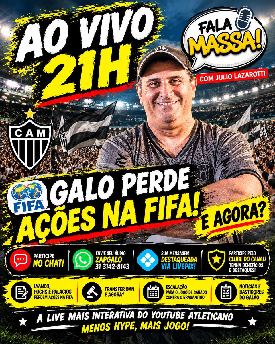 ArqdoGalo's tweet photo. 🚨🐔 GALO PERDE NA FIFA! E AGORA?

Lyanco, Fuchs e Palacios envolvidos em decisões na FIFA.
E o TRANSFER BAN?

Hoje, 21H, tem FALA MASSA AO VIVO!

🕘 21h
💻 https://t.co/Lv5etOTY1b

#GALO #ATLÉTICOMG #NOTICIASDOGALO #FALAMASSA #TRANSFERBAN https://t.co/D1rQpRSJf4