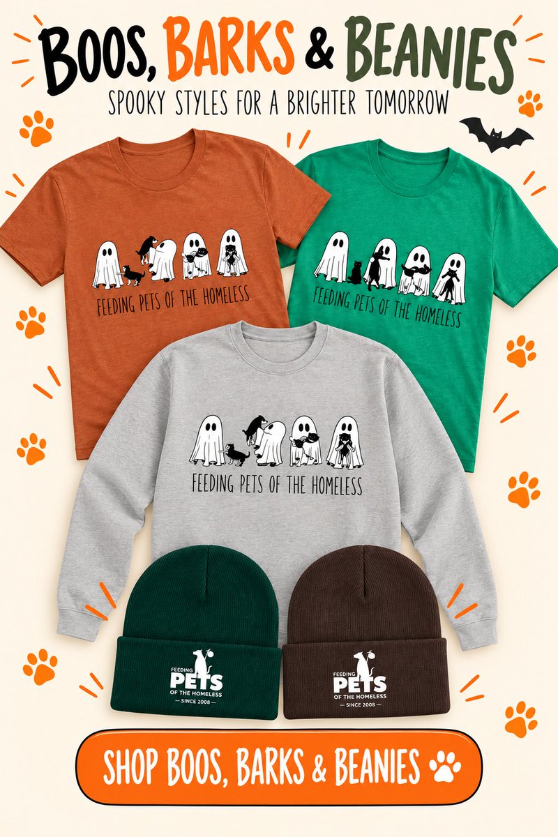 PetsofHomeless's tweet photo. Happy October 1st! 👻🐾

Spooky season has officially arrived, &amp; so has our newest merch!

Treat yourself to something cozy, spooky and mission-minded.

Every purchase supports our work helping pets and the people who love them.
https://t.co/tnWLDrNd2K https://t.co/mzMEf9gfuc