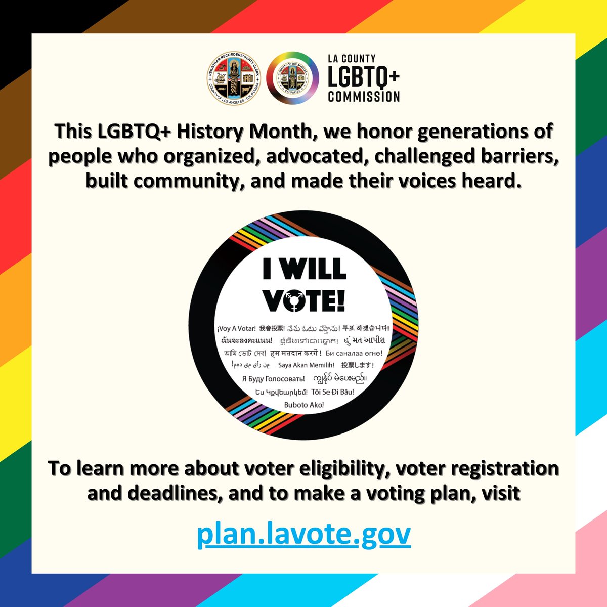 LACountyRRCC's tweet photo. 🏳️‍🌈This LGBTQ+ History Month, we honor generations of people who have made their voices heard. Elections help shape the policies, programs, and public services that serve Los Angeles County. This October, honor the history — and take part in what comes next. @LACountyBOS https://t.co/LK93U5uADD