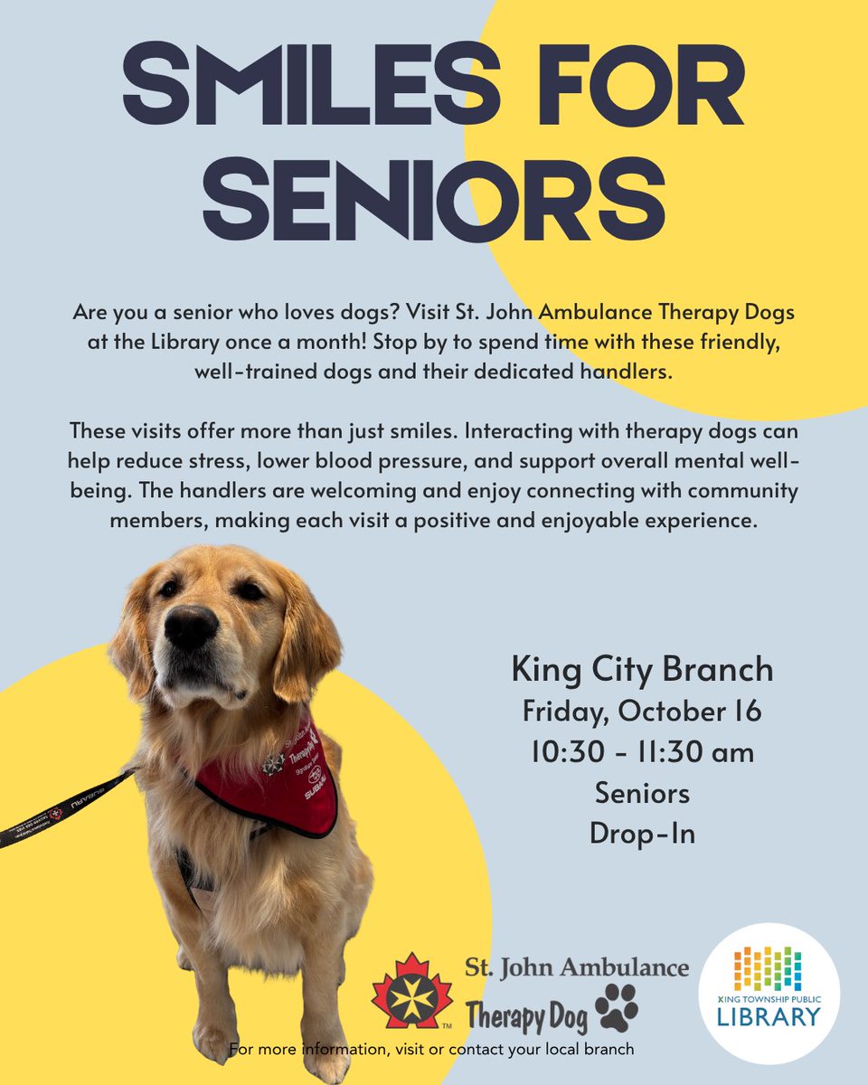 KingLibraries's tweet photo. 🐶 Therapy Dogs are visiting the Library!  

Come by for some canine companionship and a few extra smiles! 

#KingLibraries #StJohnAmbulanceTherapyDogs #YorkRegion https://t.co/g3WinOFKg6